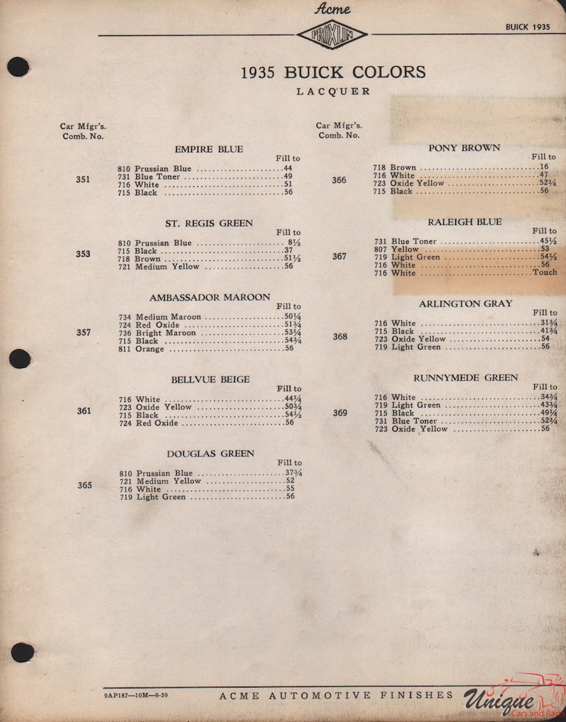 1935 Buick Paint Charts Acme 3